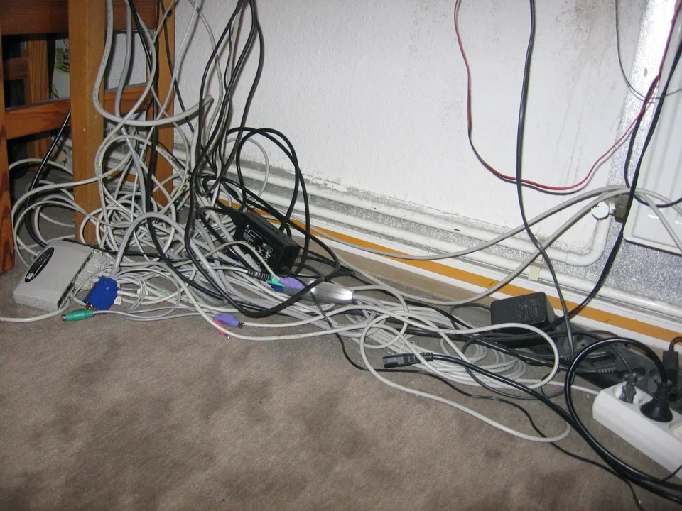 A tangle of grey and white cables on a floor by a skirting board