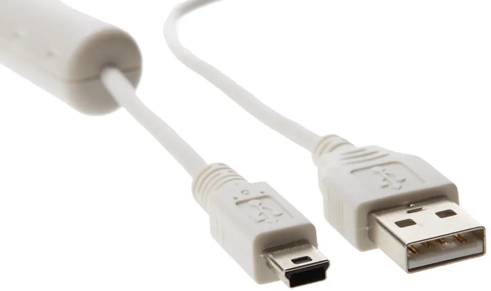 A white USB cable with a Type-A plug on one end and a mini-B plug on the other