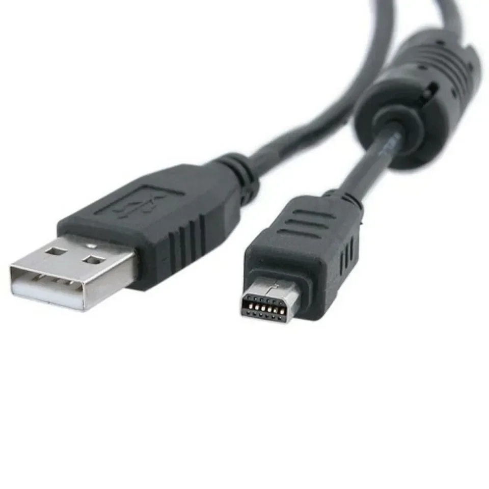 A black USB cable with a Type-A plug and an Olympus multi-connector camera plug