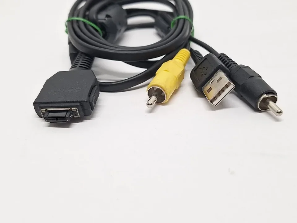 A Sony multi-connector cable that splits into a USB plug and yellow and white A/V plugs
