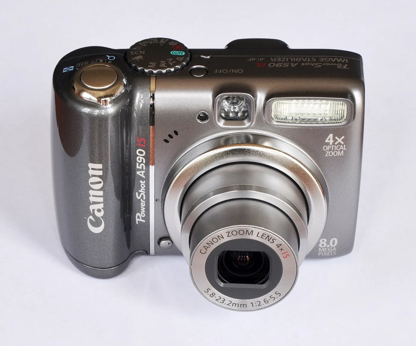 The Canon PowerShot A590 IS, with the right-hand grip that holds its two AA batteries.