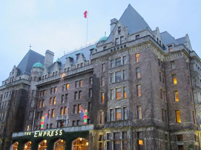 A grand hotel at dusk