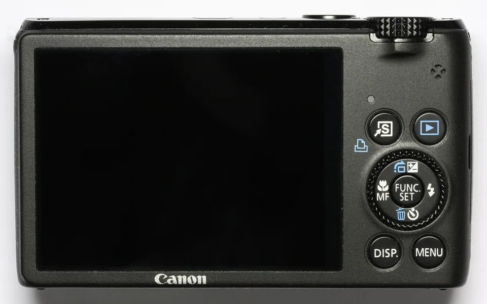 The back: a three-inch screen and a thumb rest for the control dial.