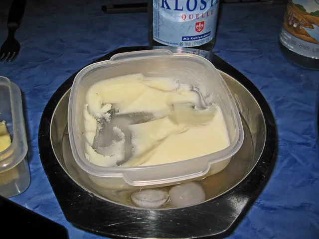 Leftovers on a blue tablecloth