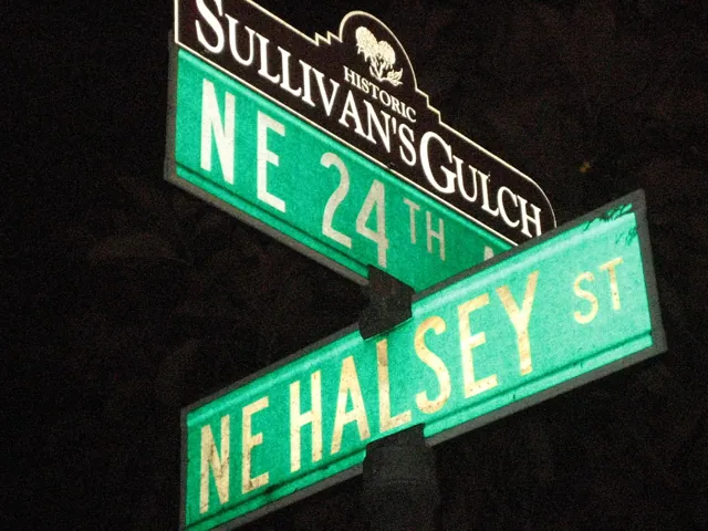 Street signs at night, blown out by flash