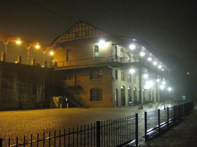 A railway station at night
