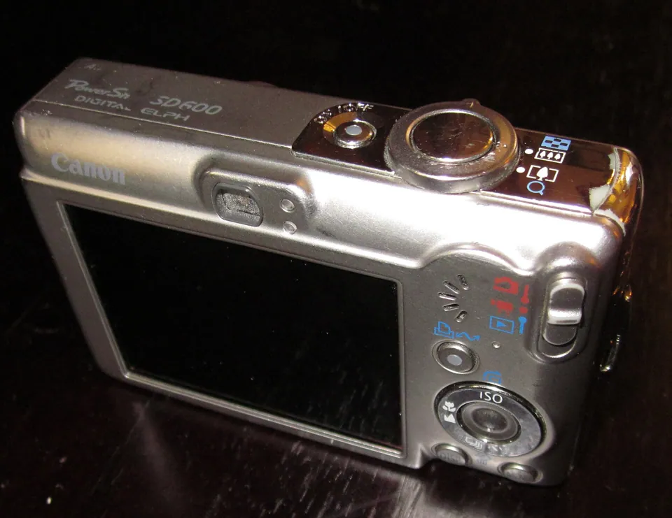 The back: a 2.5-inch screen, an optical viewfinder window above it, and the control ring.