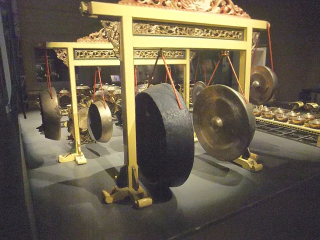 Suspended gongs in a museum