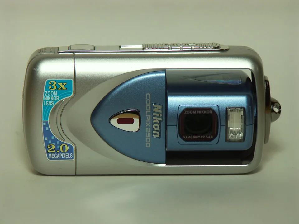 The Nikon Coolpix 2500 with its swivel lens turned to the shooting position.