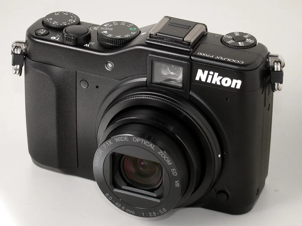 The Nikon Coolpix P7000, front view with the lens extended.