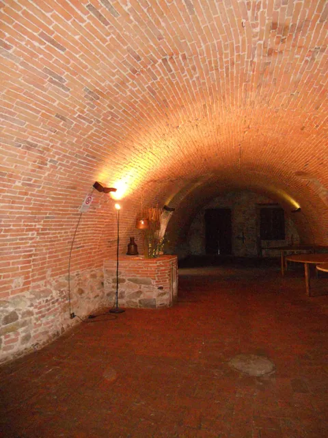 A brick cellar lit by lamps