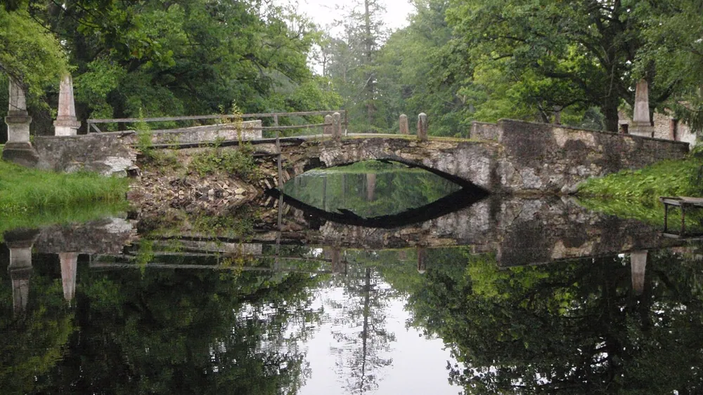 A stone bridge reflected in still water, at ISO 800.