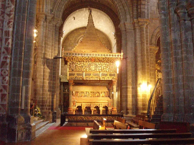 A church interior with a canopy