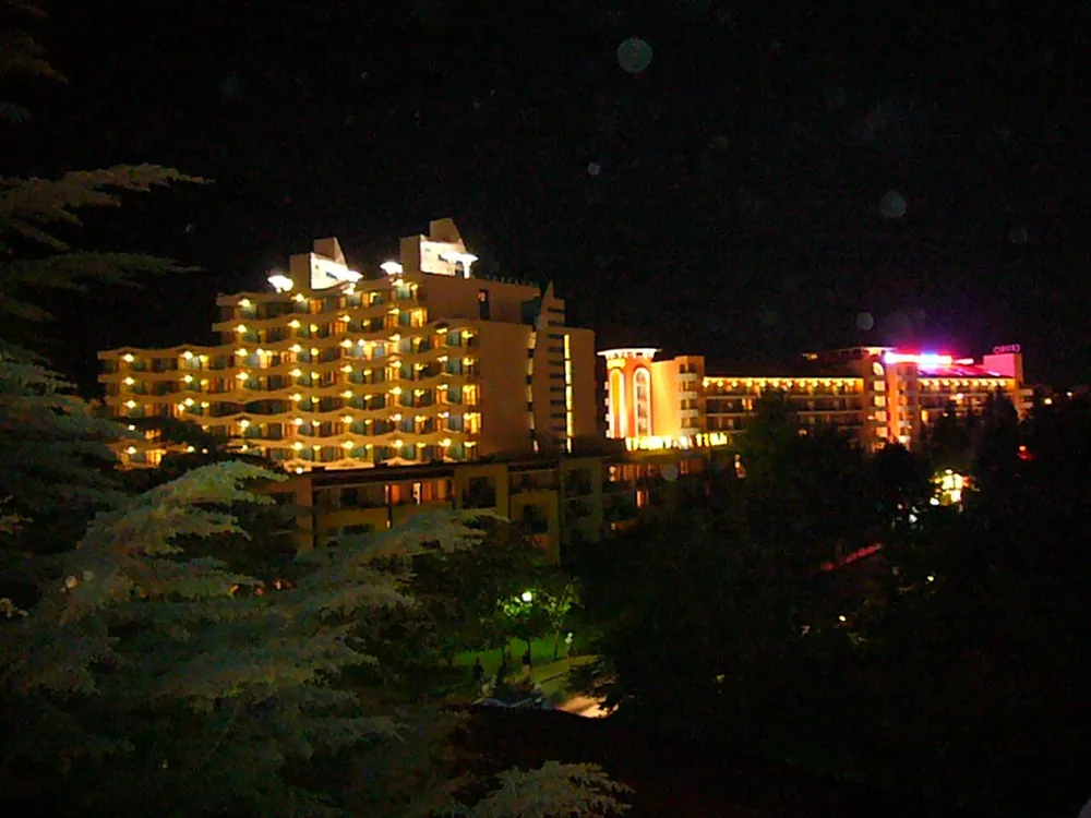 A hotel lit up at night, at ISO 1250.