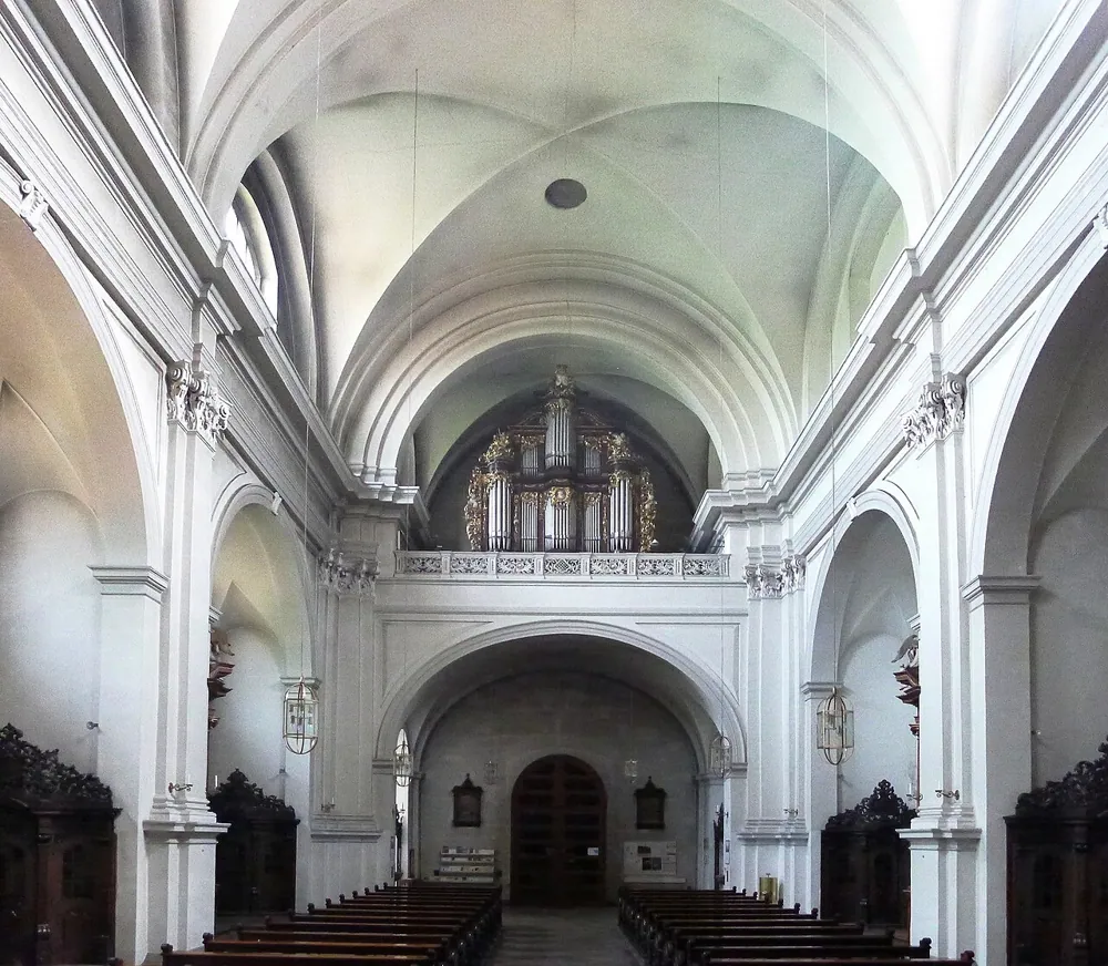 A church interior with an organ gallery, shot at ISO 3200.