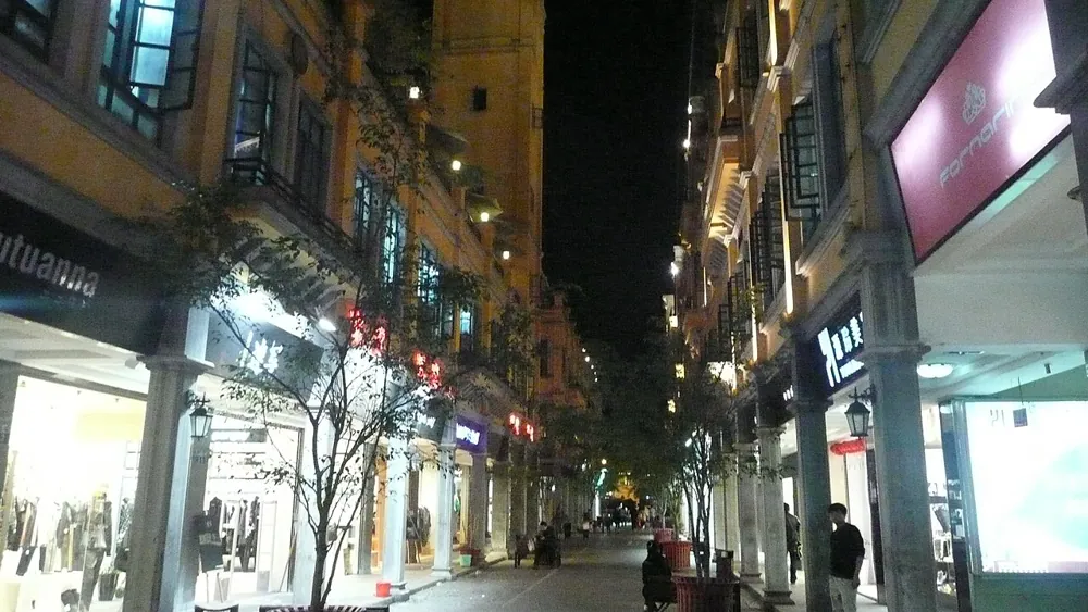 A shopping street at dusk, at ISO 1250.