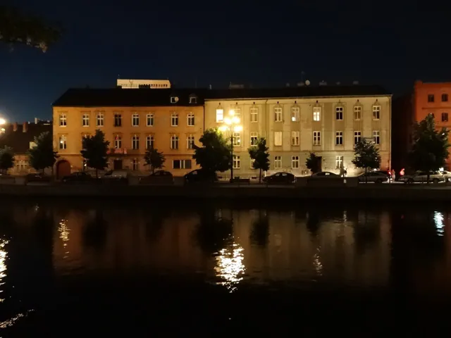 A riverbank at night