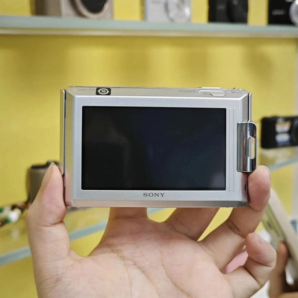 The back of the Sony Cyber-shot DSC-T77: a 3-inch screen with the model name above it.